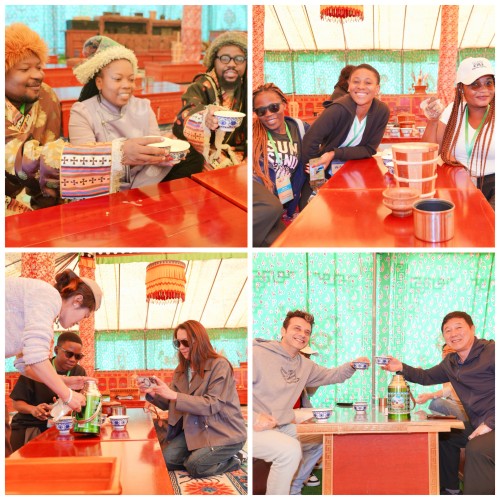 Artists from Portuguese-speaking countries tasting plateau yak milk and barley cake